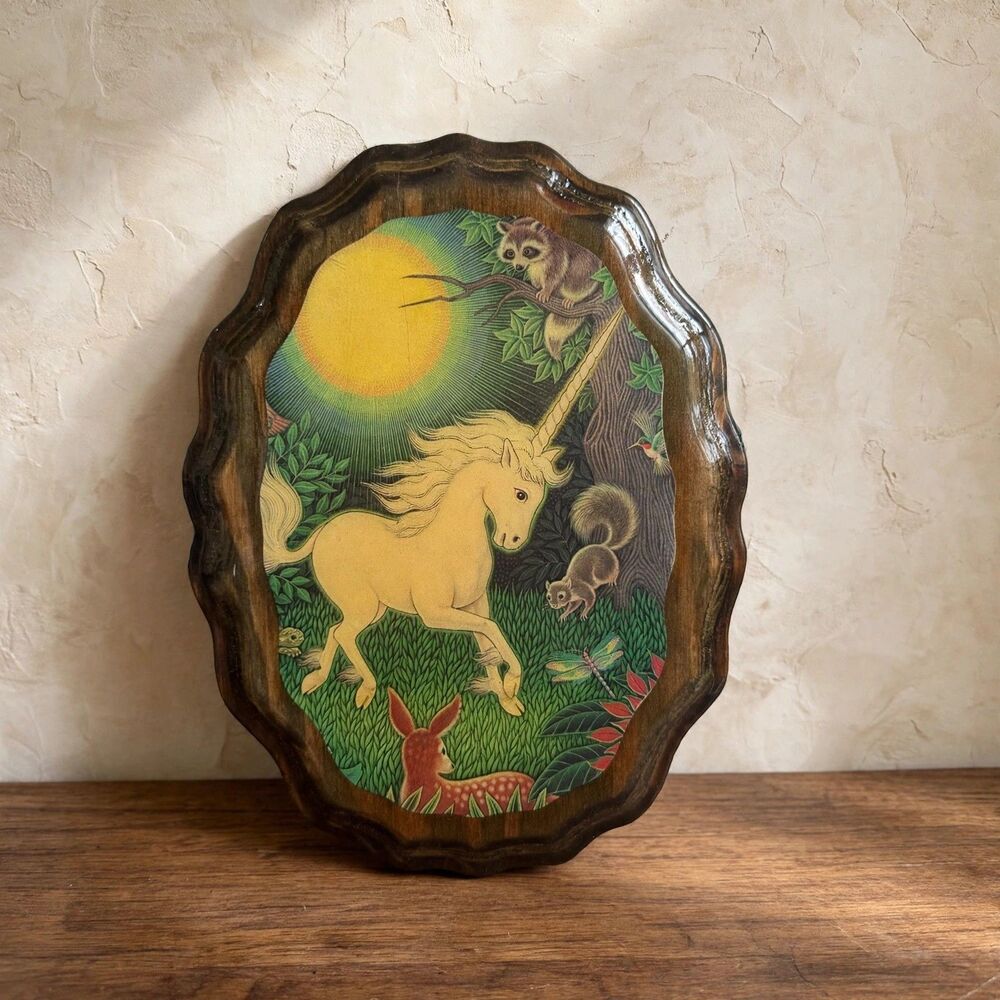 VTG Unicorn Wood Wall Plaque Woodland Animals Decoupage Fantasy Decor 70s Whimsy